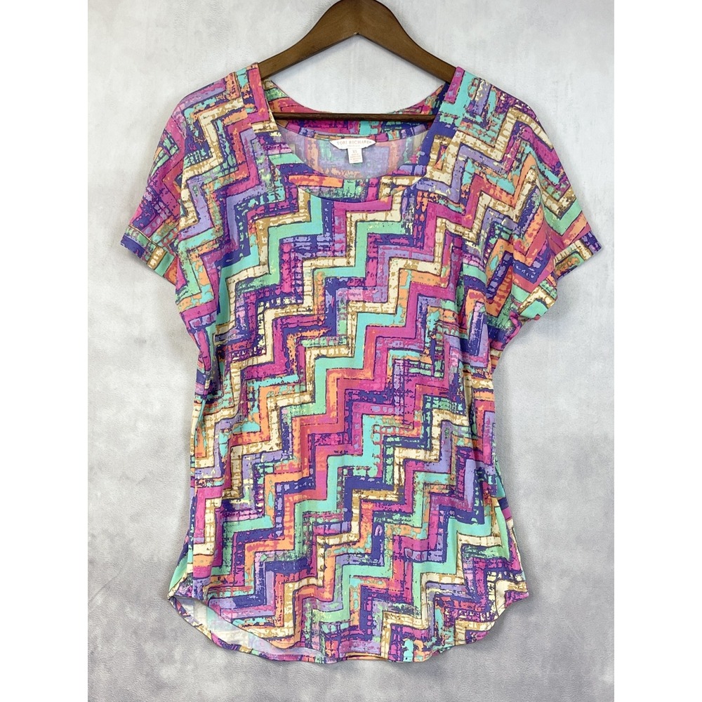 Tori Richard Zig Zag Chevron Print Top Women XS Stretchy Colorful Hawaii USA Art